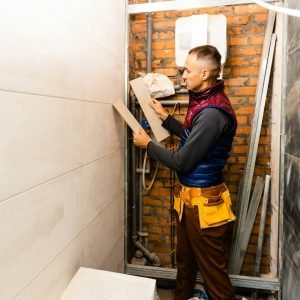 industrial tiler builder worker installing floor tile at repair renovation work.